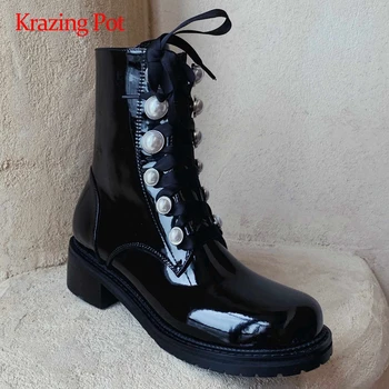 Krazing pot winter new boots real leather pearl decorations riband round toe thick med heel zipper maiden dating ankle boots L60 
Krazing pot winter new boots real leather pearl decorations riband round toe thick med heel zipper maiden dating ankle boots L60