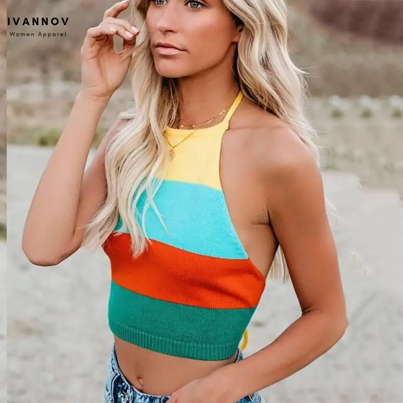 Women Night Club Party Knitted Vest Crop Top Halter Backless Sexy Striped Rainbow Slim Fit Drawstring Knit Tank Top Clothes 
Women Night Club Party Knitted Vest Crop Top Halter Backless Sexy Striped Rainbow Slim Fit Drawstring Knit Tank Top Clothes