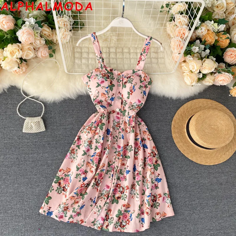 

ALPHALMODA Holiday Floral Dress Female Summer 2020 New High Waist Single Breasted Sexy Suspenders A- line Dress