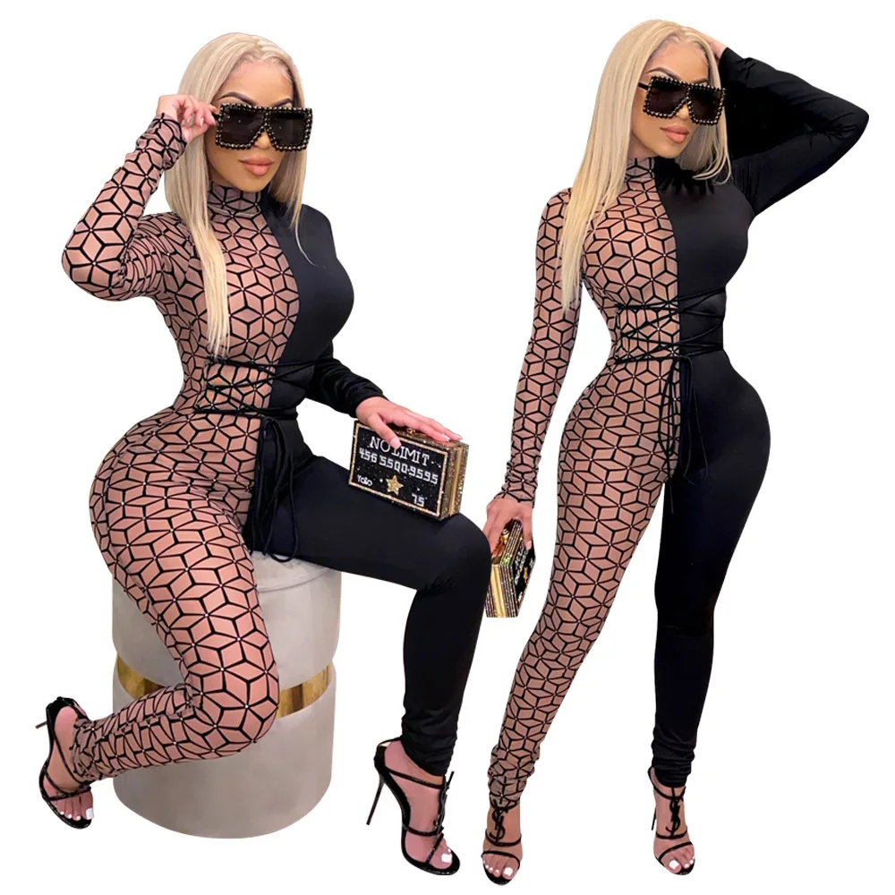 

Geometric Rompers Women Sexy Sheer Mesh Patchwork Jumpsuit Turtleneck Long Sleeve Slim One Piece Overall Night Club Party Outfit