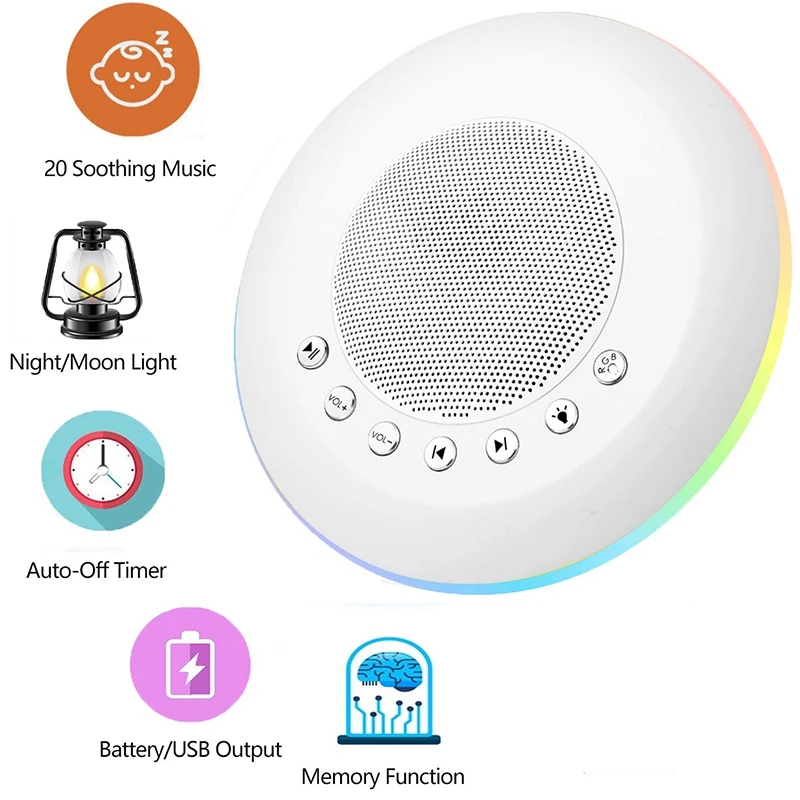 White Noise Sound Machine For Kids Adult, Baby Rest Night Light, With Memory And Timer Function 20 Soothing Music, Battery Or US