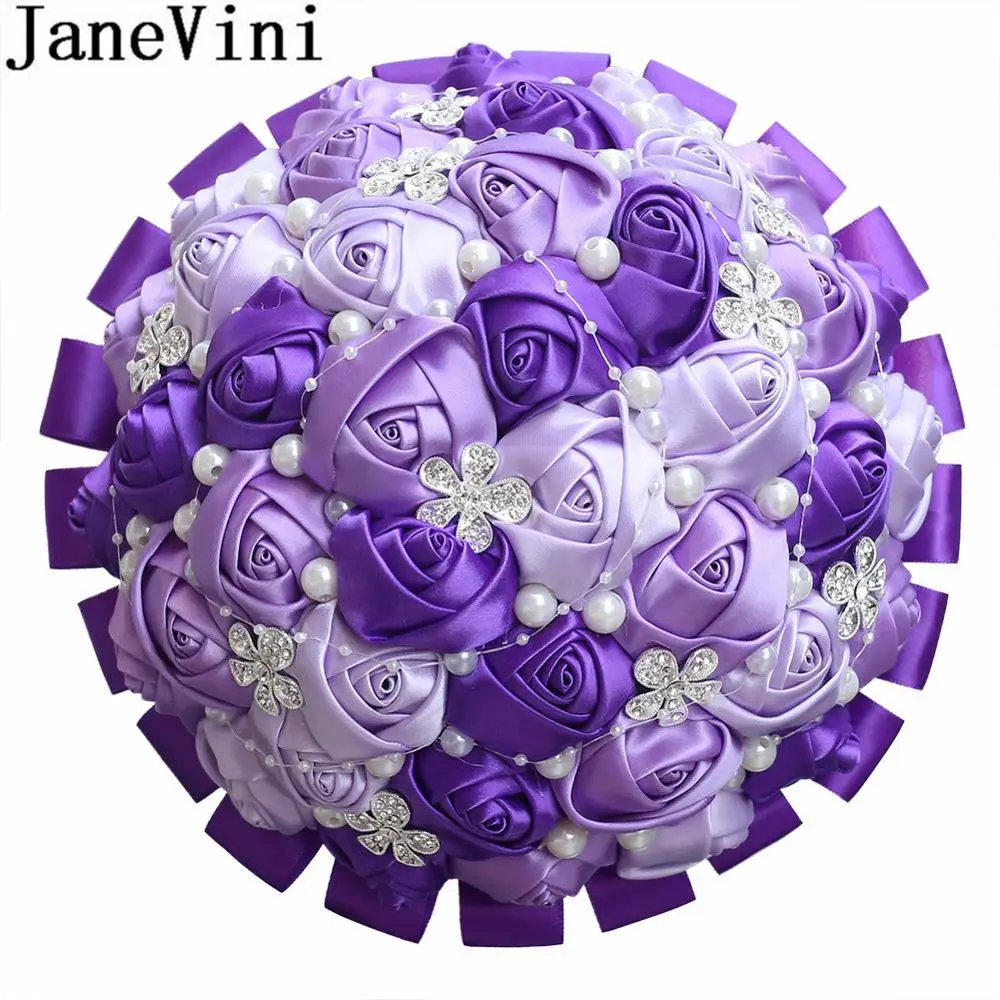

JaneVini 21cm Luxury Beaded Bridal Bouquets Satin Ribbon Pearls Crystals Bride Holding Flowers Purple Bridesmaid Wedding Bouquet