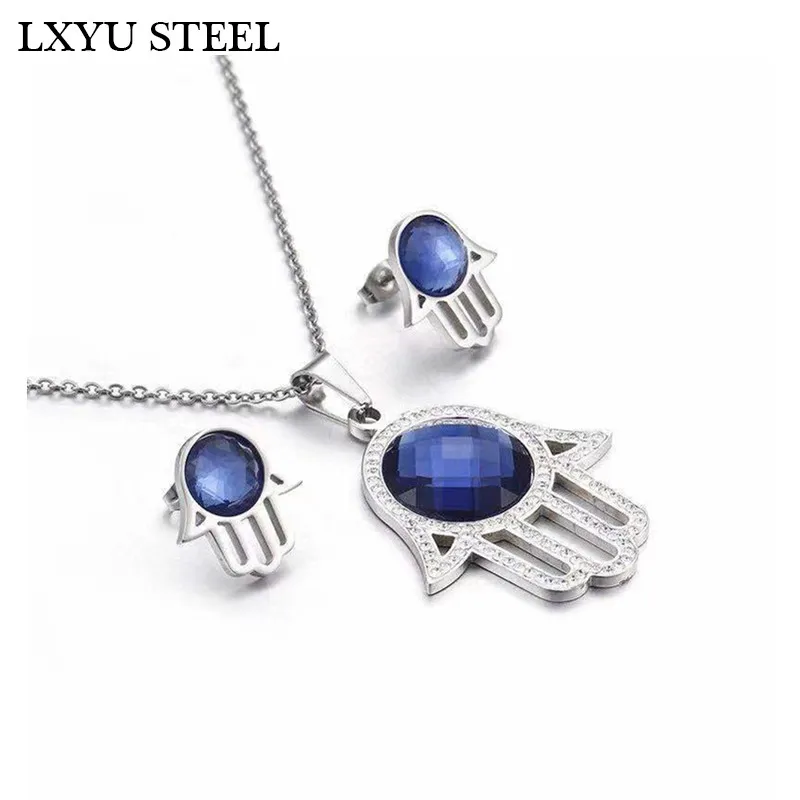Good Luck Protection Hamsa Fatima Hand & Blue Glass Pendant Chain Necklace And Earrings Stainless Steel Gold/Silver Jewelry Set
Good Luck Protection Hamsa Fatima Hand & Blue Glass Pendant Chain Necklace And Earrings Stainless Steel Gold/Silver Jewelry Set