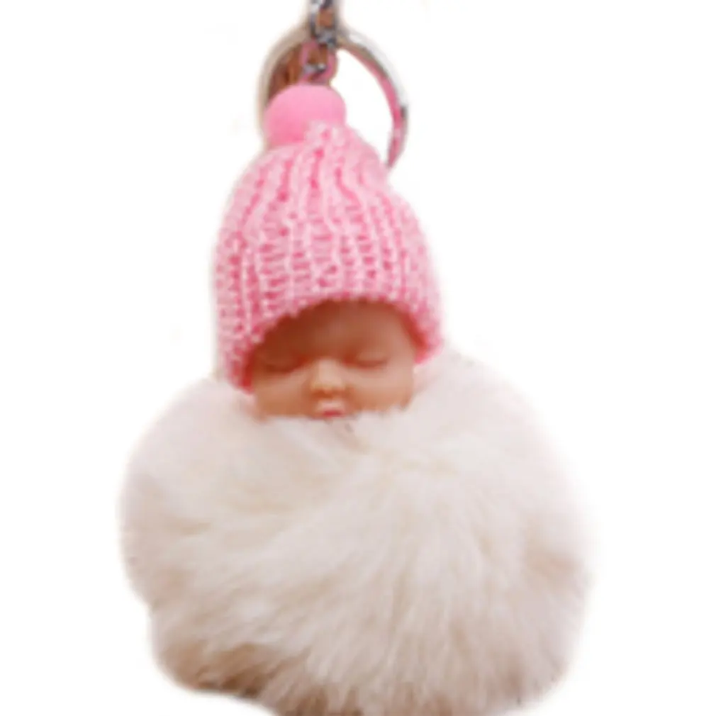Sleeping Baby Doll Keychain Cute Pompom Fluffy Artificial Rabbit Fur Ball Key Chain for Women Car Bag Ring Girls | Украшения и