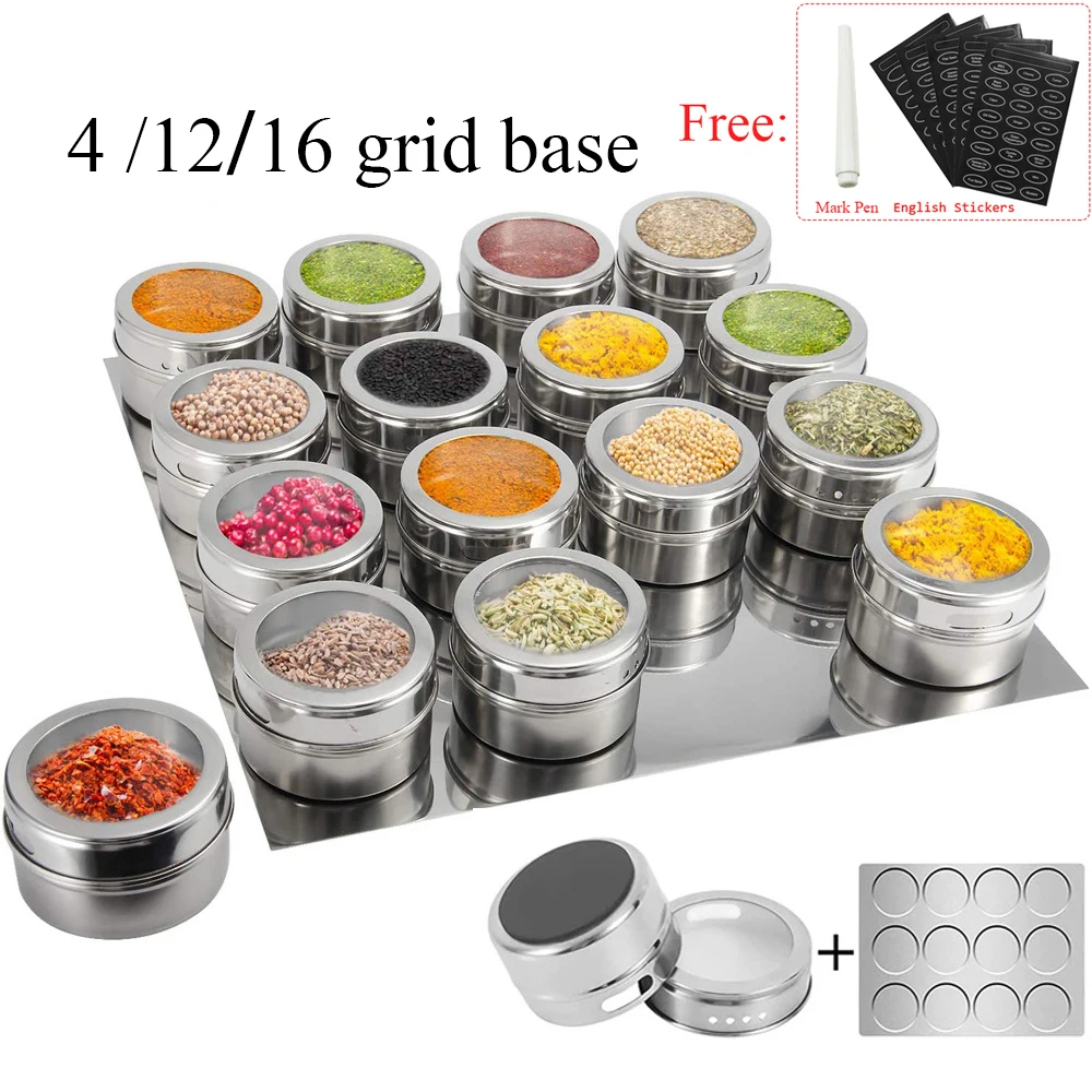 Magnetic Spice Jars With Wall Mounted Rack 304 Stainless Steel Tins pepper Seasoning Containers tools Wipeable Label Set | Дом и сад