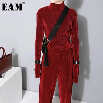 

[EAM] Women Multicolor Black Pleated Velvet T-shirt New High Collar Long Sleeve Fashion Tide All-match Spring Autumn 2020 JZ535