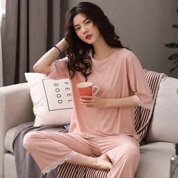 Women Pyjamas Set Modal Cotton Sleep Set Short sleeve Pants Pink Soft Nightwear Homewear Pajamas for women
Women Pyjamas Set Modal Cotton Sleep Set Short sleeve Pants Pink Soft Nightwear Homewear Pajamas for women