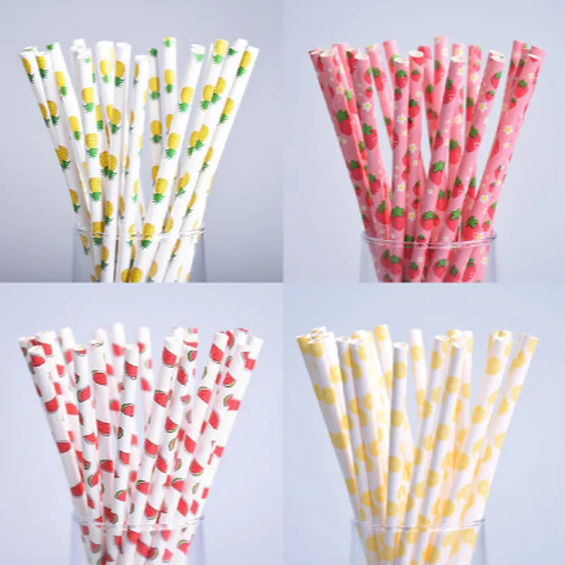 

25pcs Strawberry Pineapple Watermelon Flamingo Fruit Pink Paper Straws for Wedding Decorative Party Creative Drinking Straws