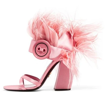 Summer Feather Sandals Satin Chunky Heel Open Toe Runway Stage Shoes Pink Fashion Hollow Buckle Sandal Shoes Square Heel 
Summer Feather Sandals Satin Chunky Heel Open Toe Runway Stage Shoes Pink Fashion Hollow Buckle Sandal Shoes Square Heel