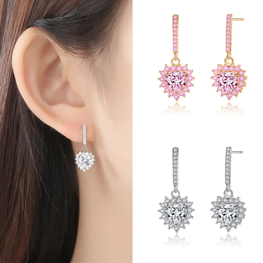 zhouyang drop earrings for women sweet heart shape pink zircon