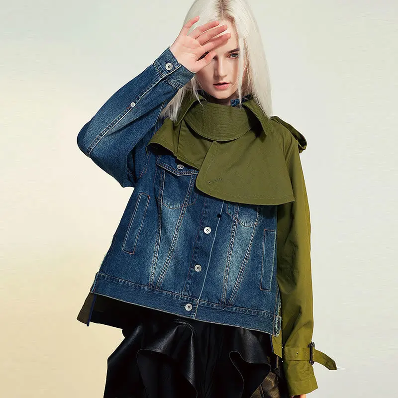 Tide Patchwork Denim Hit Color Jacket Irregular Hig Street Turtleneck Full Sleeve Women Clothes 2019 Loose Coat D600 
Tide Patchwork Denim Hit Color Jacket Irregular Hig Street Turtleneck Full Sleeve Women Clothes 2019 Loose Coat D600