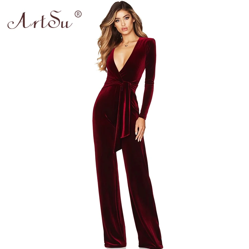 

ArtSu Blue Burgundy Black Winter Sexy Deep V Neck Jumpsuit Lady Long Sleeve Sashes Wide Leg Velvet Rompers Womens Jumpsuit Party