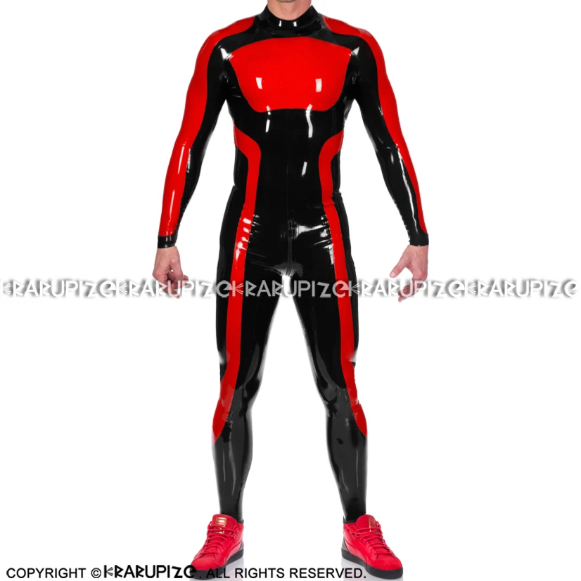 

Sexy Latex Catsuit With Back To Front Crotch Zipper Long Sleeves Red Trims Rubber Bodysuit Overall Zentai Body Suit LTY-0284