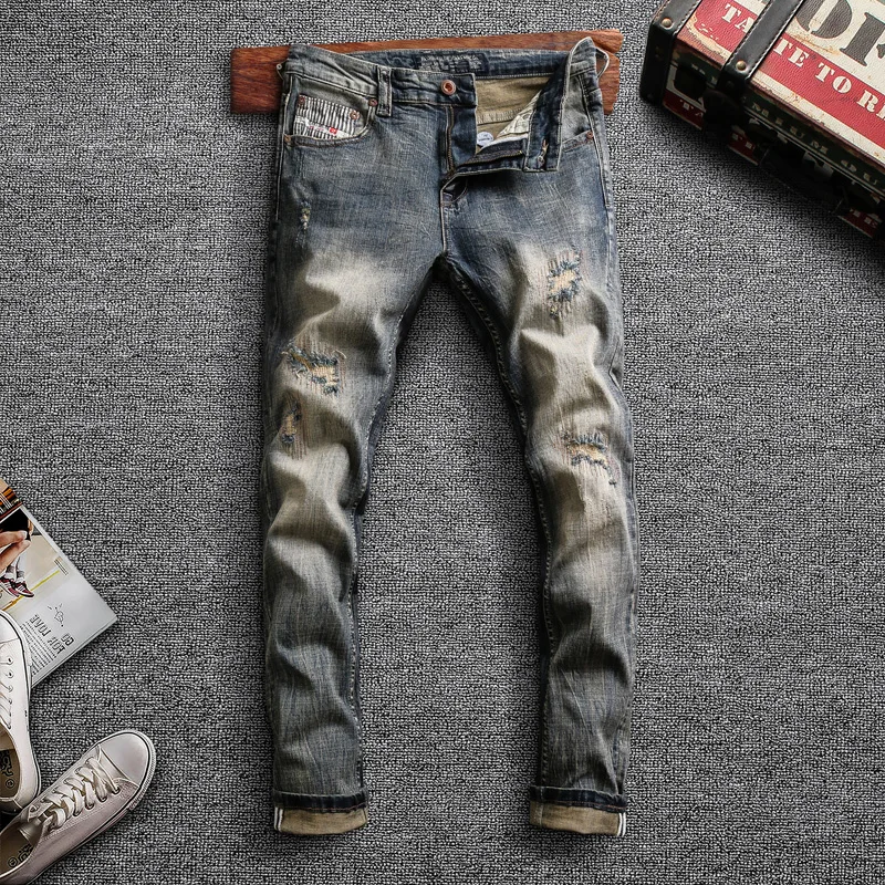 Italian Style Fashion Men Jeans High Quality Elastic Slim Fit Ripped Denim Pants Retro Blue Patchwork Vintage Designer Trousers
Italian Style Fashion Men Jeans High Quality Elastic Slim Fit Ripped Denim Pants Retro Blue Patchwork Vintage Designer Trousers