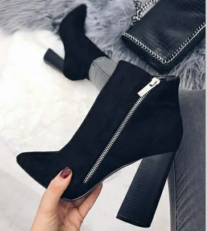 

High Heel Boots Booties Ladies Shoes Martins For Women Zipper Bootee Woman 2019 Luxury Designer Heels Rock Rubber Pointy Chunky