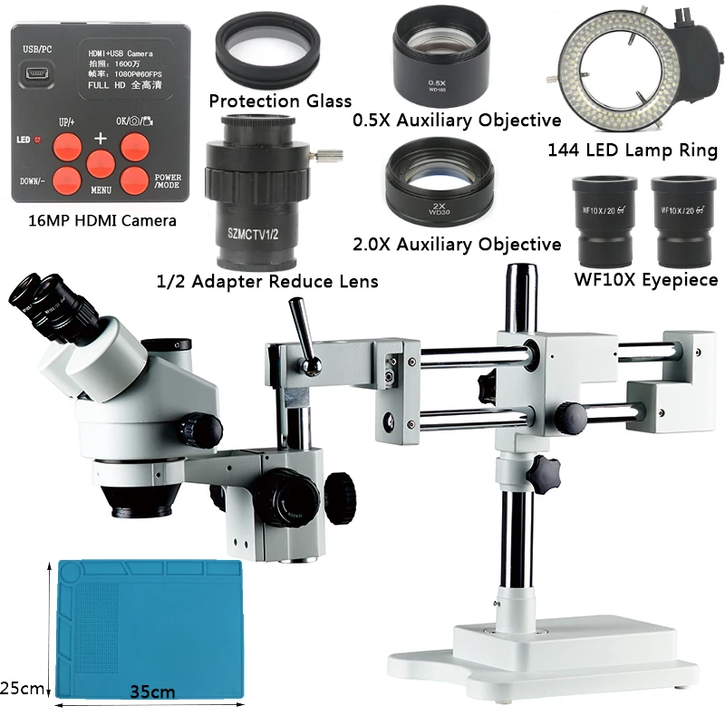 3.5X-90X Zoom Microscope Set Boom Stand Simul-Focal + 144 LED Light+ 16MP HDMI Camera For Jewelry Inspection PCB Soldering
3.5X-90X Zoom Microscope Set Boom Stand Simul-Focal + 144 LED Light+ 16MP HDMI Camera For Jewelry Inspection PCB Soldering