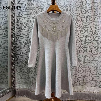 Tassel Sweater Dress 2019 Autumn Winter Knitted Dress High Quality Women Diamond Beading 3/4 Sleeve Casual Pullover Dress Grey 
Tassel Sweater Dress 2019 Autumn Winter Knitted Dress High Quality Women Diamond Beading 3/4 Sleeve Casual Pullover Dress Grey