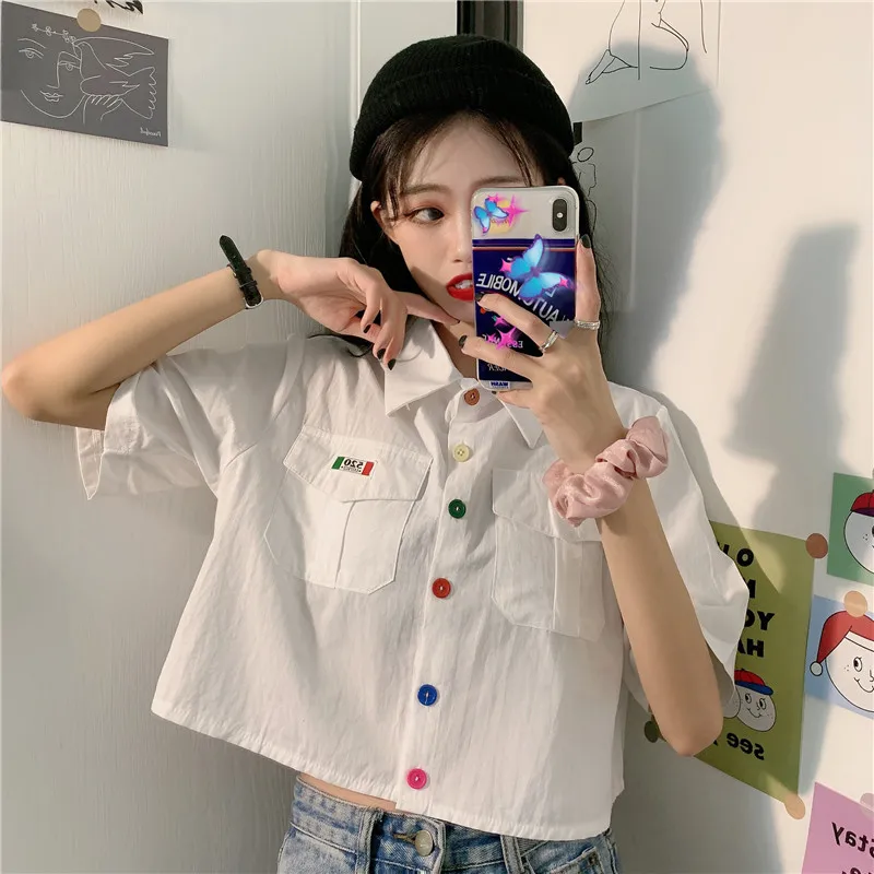 Harajuku Women Shirt Harajuku Short Sleeve Polo Collar Casual Cotton Preppy Top Girls Fashion Letter Embroidery Blusas Femininas