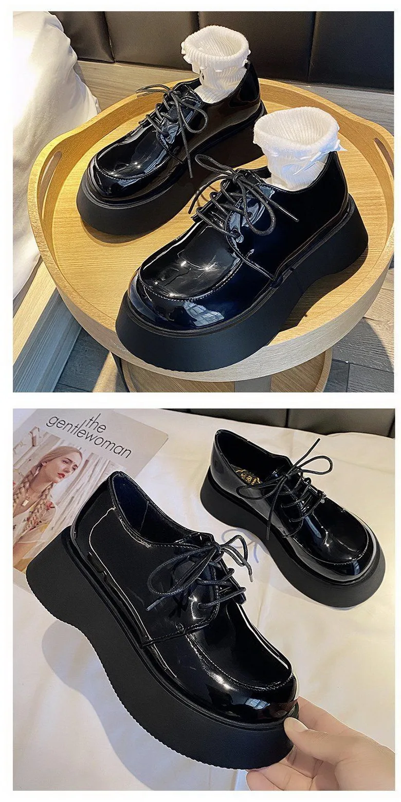 Platforms Shoes Women Bottom Heels Woman Autumn Shoes Round Big toe Shoe British Style Girls Faves Footwear Slip On Black