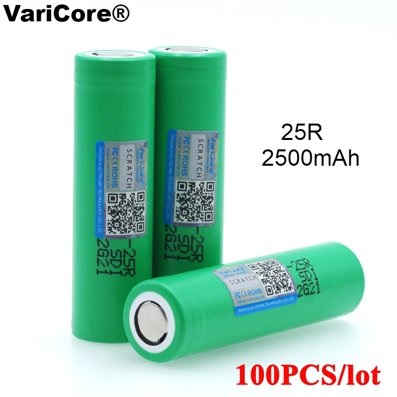 100 шт., перезаряжаемые аккумуляторы VariCore 18650, 2500 мАч, INR1865025R, разряд 3,6 В, 20 А, для электронных сигарет
100 шт., перезаряжаемые аккумуляторы VariCore 18650, 2500 мАч, INR1865025R, разряд 3,6 В, 20 А, для электронных сигарет