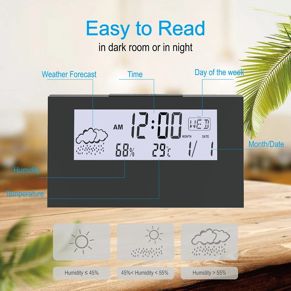 Digital indoor thermometer and hygrometer weatehr station with snooze alarm clock temperature sensor & humidity meter for home
Digital indoor thermometer and hygrometer weatehr station with snooze alarm clock temperature sensor & humidity meter for home