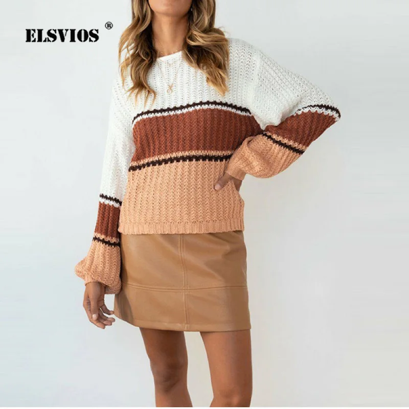 

Solid Color Splicing Long Sleeve Knitted Sweater Autumn Casual Sexy Hollow O-Neck Sweater Winter Women Simple Loose Pullover Top