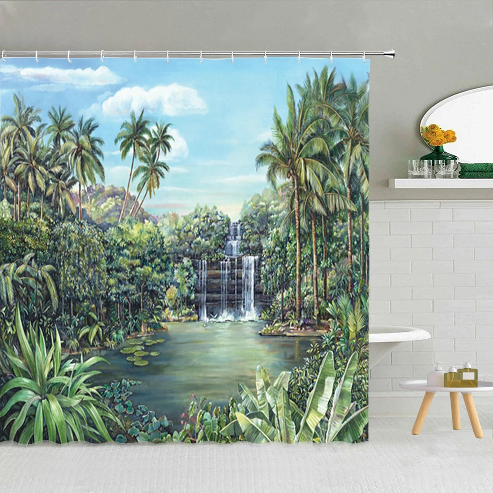 

Tropical Forest Landscape Shower Curtain Waterfall Plant Tree Stone Frabic Bathroom Supplies With Hook Hanging Curtains Washable