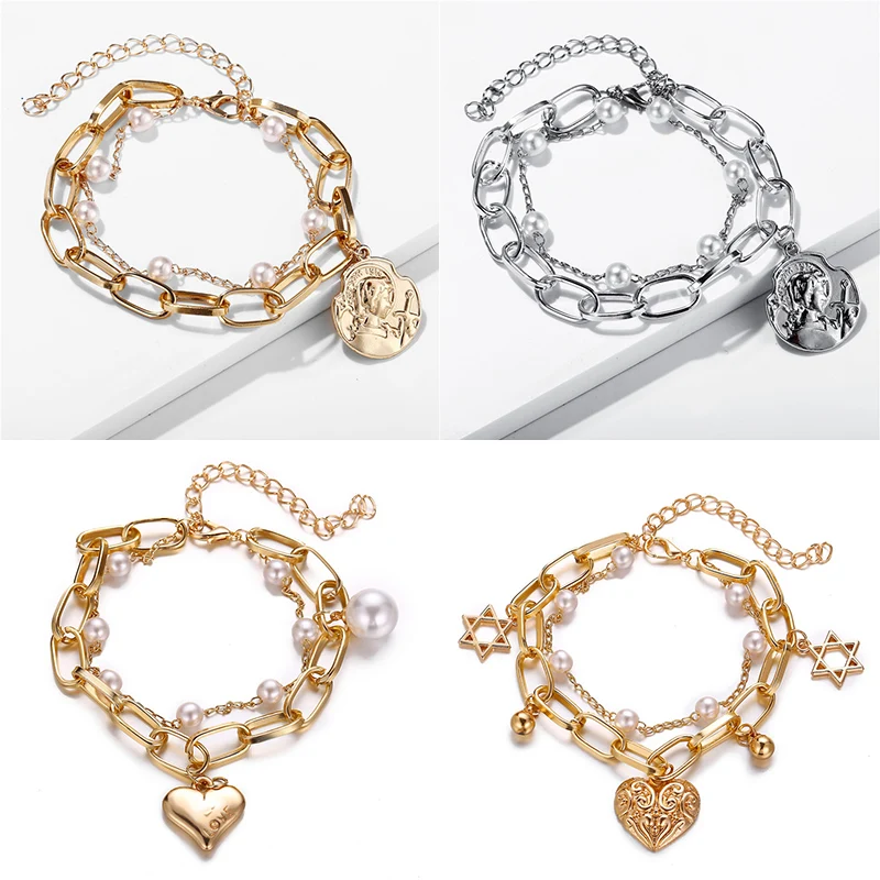 

IF ME Charms Multilayers Pearl Coin Heart Chain Bracelet Bangles For Women Fashion Gold Silver Star Figure Bracelets Jewelry NEW