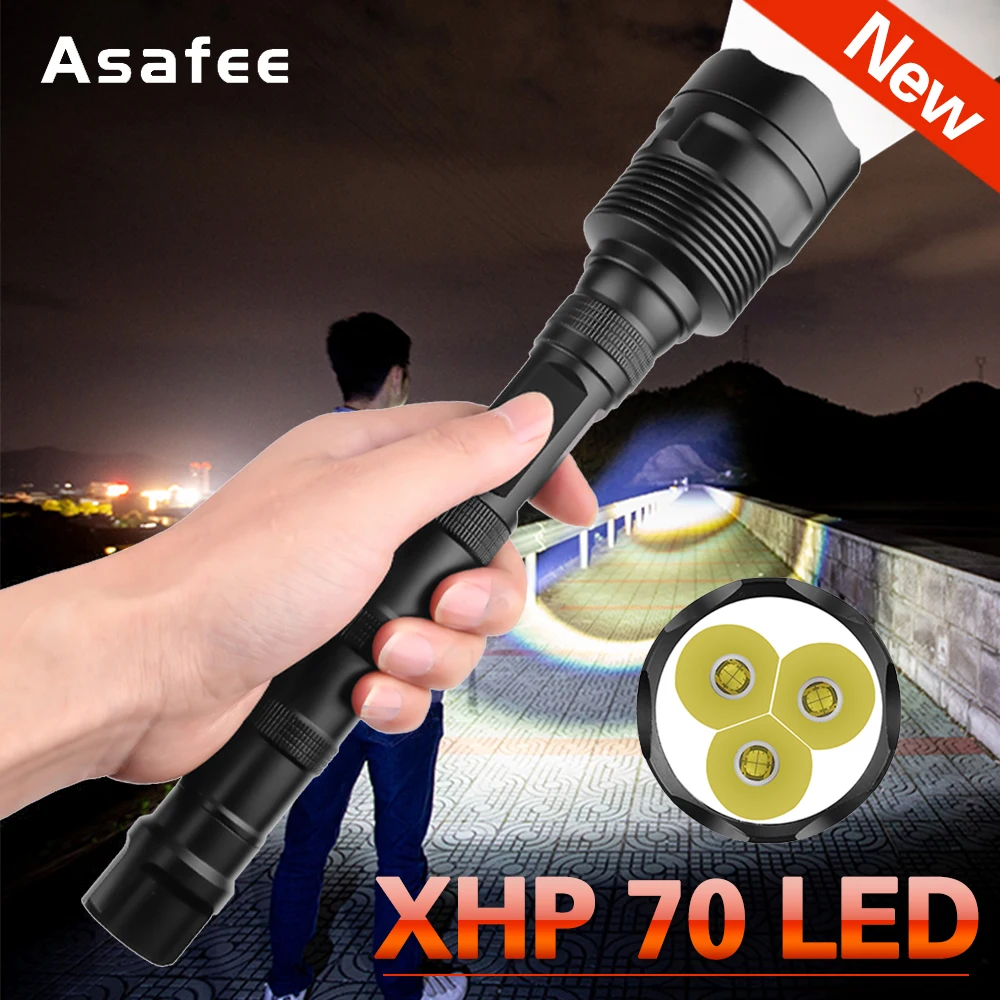 Новый мощный светодиодный фонарик XHP70 перезаряжаемый фонарь с зумом и USB для