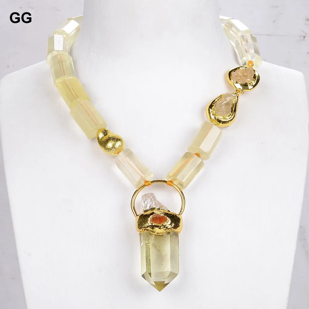 

GG Jewelry Natural Faceted Cylinder Lemon Quartzs Citrines Gold Color Nugget Beads Citrines Pendant Chokers Necklace For Women