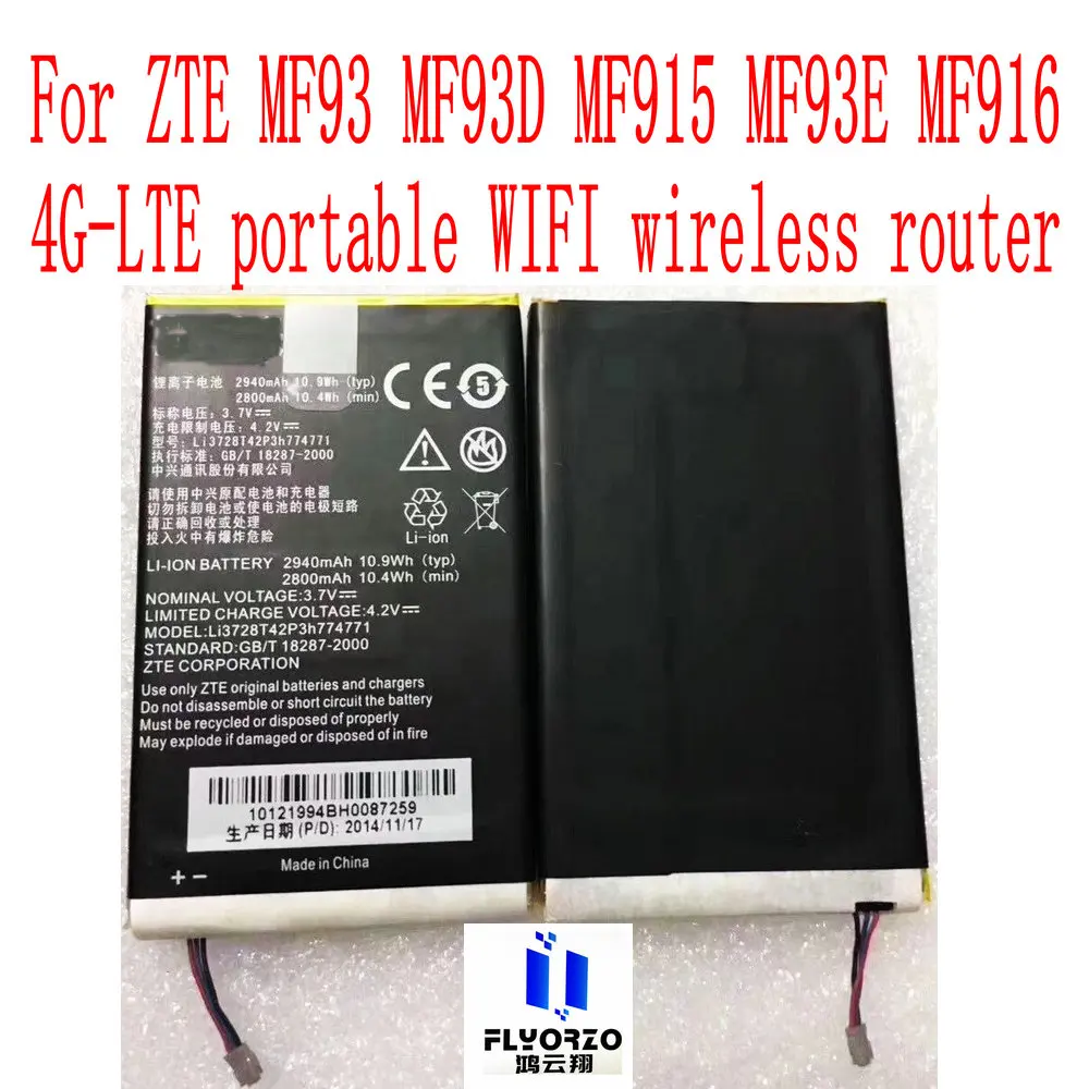 New High Quality 2940mAh Li3728T42P3h774771 Battery For ZTE MF93 MF93D MF915 MF93E MF916 4G-LTE portable WIFI wireless router
New High Quality 2940mAh Li3728T42P3h774771 Battery For ZTE MF93 MF93D MF915 MF93E MF916 4G-LTE portable WIFI wireless router