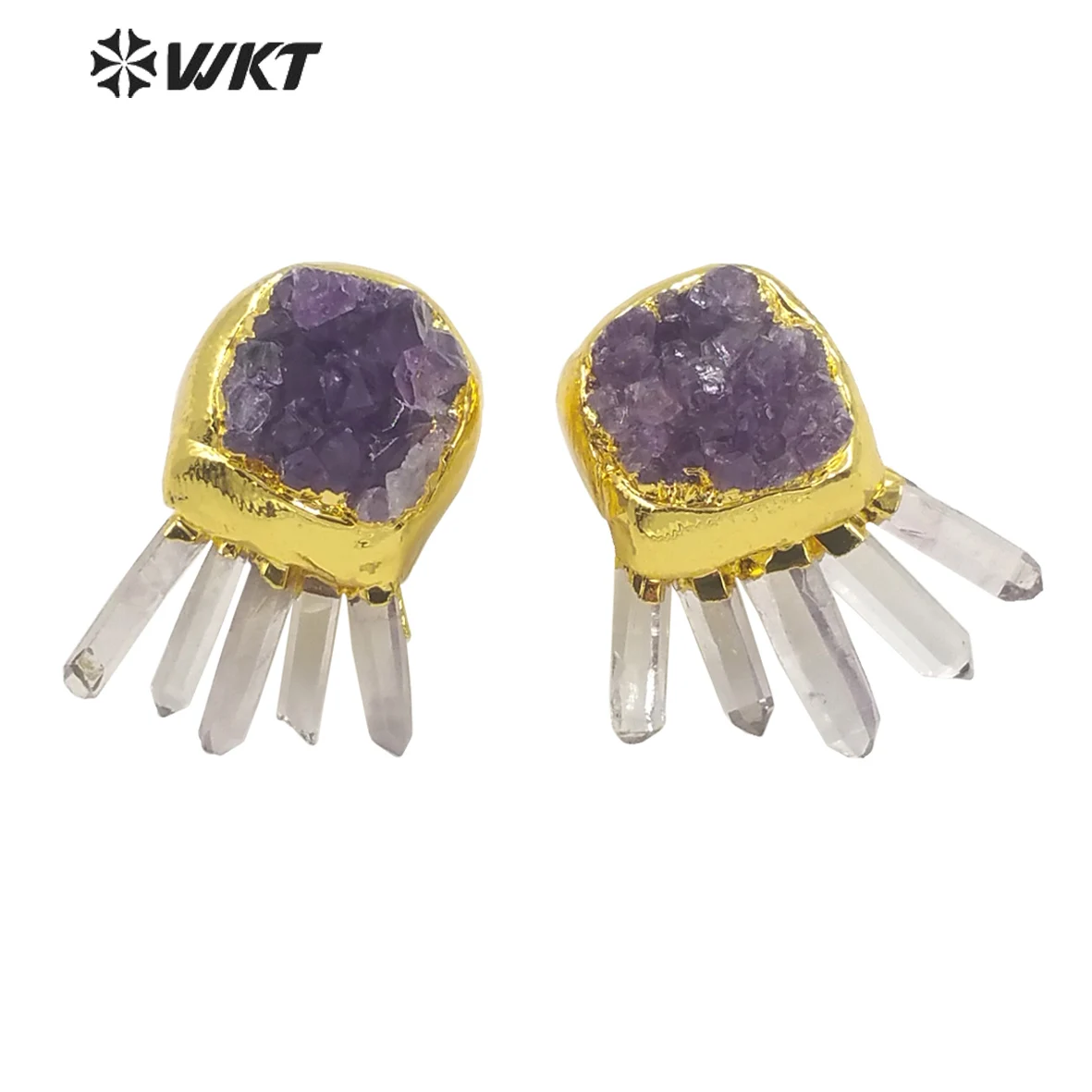 

WT-E650 Superior Quality Design Sence Gold Electroplated Amethysts Drusy Quarzt Gorgeous Studs Earrings Hot Trend Christmas Gift