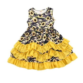 

2020 Summer Kids Girls Sunflower Ruffle Dress Camo Sleeveless Ruffle Party Pleated Dresses Clothes Holiday Dress Sundress 2-10Y