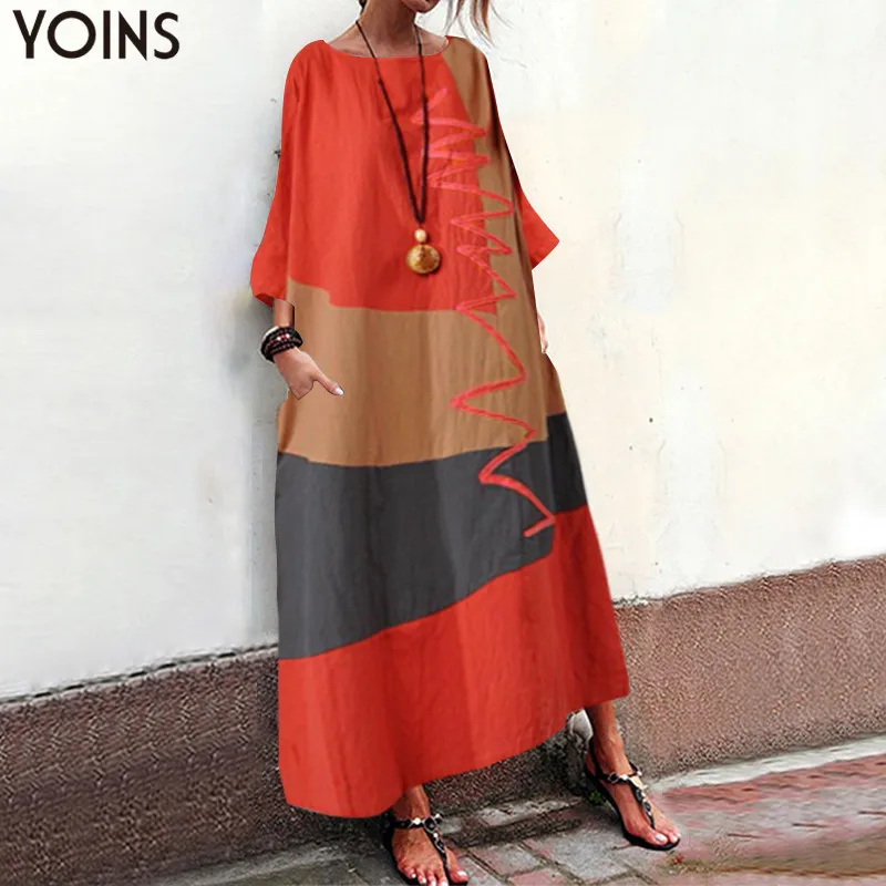 

Women Patchwork Sundress YOINS 2019 Autumn Maxi Dress Kaftan Casual Long Sleeve Tunic Vestidos Female 100% Cotton Robe Plus Size