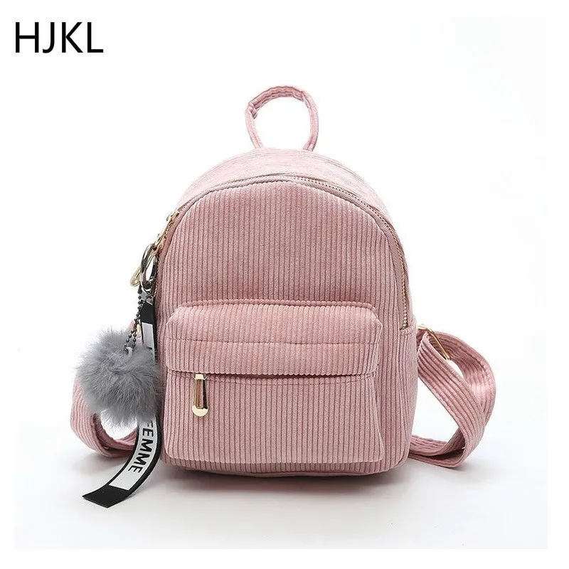 

Women Mini Corduroy Backpack Miyahouse Small Cute Schoolbag with Fuzzy Ball Ladies Small Shoulder Bags Female Travel Bag Mochila