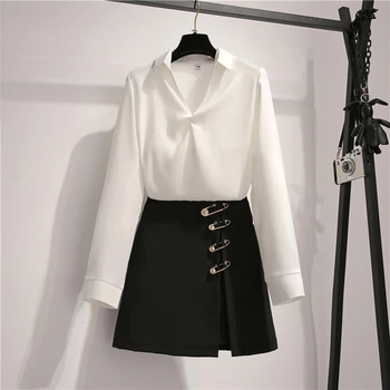 New Fashion Two Pieces Set Women Solid White Blouse Top + Gold Pin Split Black Mini Skirt Suits Female Elegant Clothing 2PCS Set
New Fashion Two Pieces Set Women Solid White Blouse Top + Gold Pin Split Black Mini Skirt Suits Female Elegant Clothing 2PCS Set