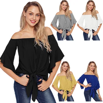 Summer Women Solid Horizontal Neck Trumpet Half Sleeve Shirt Off-Shoulder Casual Loose Tops Slash Neck Bow Streetwear 2020 New
Summer Women Solid Horizontal Neck Trumpet Half Sleeve Shirt Off-Shoulder Casual Loose Tops Slash Neck Bow Streetwear 2020 New