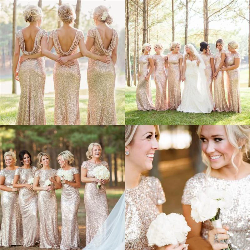 Rose Gold 2020 Cheap Mermaid Bridesmaid Dresses Short Sleeves Backless Long Beach Sequins Wedding Party Maid of Honor Dress (3)
