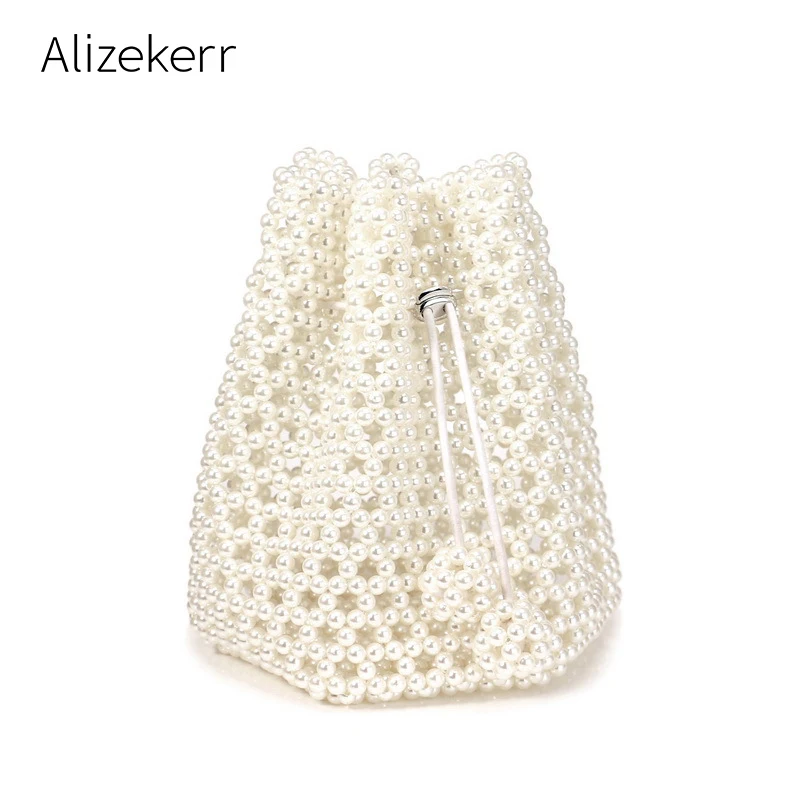 Hollow Out Pearl Bucket Handbag Women Handmade Beaded String Small Evening Clutch Shoulder Bag Ladies Exquisite Dinner Purses Hollow Out Pearl Bucket Handbag Women Handmade Beaded String Small Evening Clutch Shoulder Bag Ladies Exquisite Dinner Purses