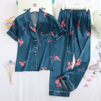 Youhottest Short Sleeves Long Pants Silk Pajamas Two Pieces Set Women Sleepwear 
Youhottest Short Sleeves Long Pants Silk Pajamas Two Pieces Set Women Sleepwear