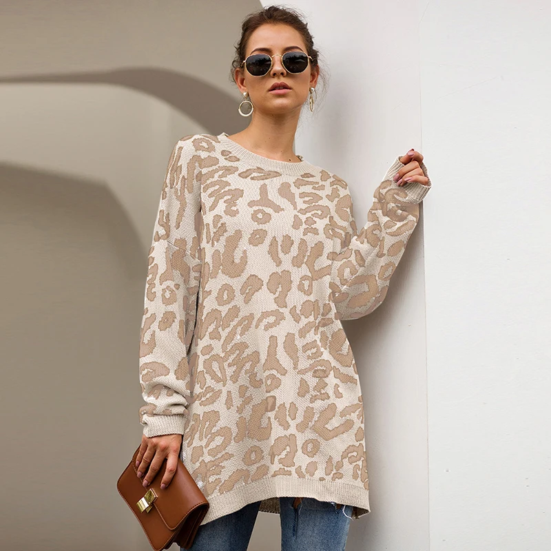 Женский зимний свитер с длинным рукавом свободный леопардовым принтом для