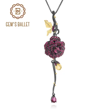 

GEM'S BALLET 925 Silver Black & 18k Gold Over Two Tone Handmade Rose Flower Natural Rhodolite Garnet Pendant Necklace For Women
