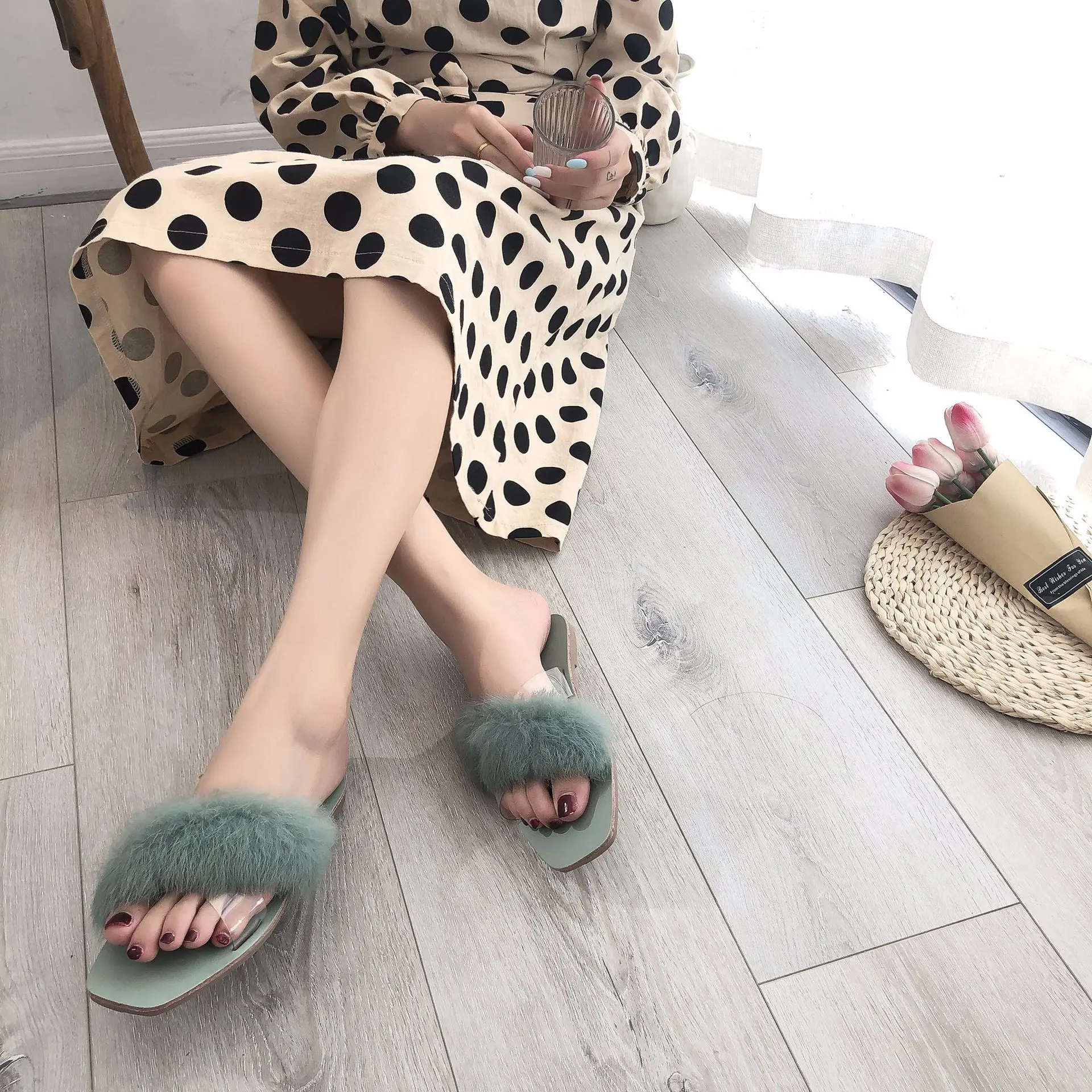 Cross Online Celebrity Plush Slipper Women's 2019 New Style Korean-style Summer Flat Transparent Sandals Versatile Outer Wear Sl