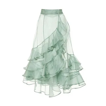 

Hot Sale 2020 Summer Mint Green See Thru Mermaid Tulle Skirts Women Zipper Ruffles Tiered Mid Calf Wrap Tulle Skirt Maxi Skirt