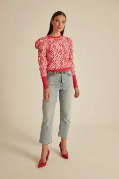 Shirred Sleeve Zebra Pattern Knitwear Sweater-Pink Offwhite 
Shirred Sleeve Zebra Pattern Knitwear Sweater-Pink Offwhite