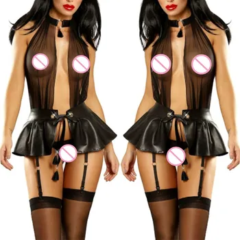 Womens Erotic Faux Leather Halter Lingerie Dress Sheer Mesh Belted Skirt Metal Ring Tassels Backless Cosplay Babydoll Underwea
Womens Erotic Faux Leather Halter Lingerie Dress Sheer Mesh Belted Skirt Metal Ring Tassels Backless Cosplay Babydoll Underwea