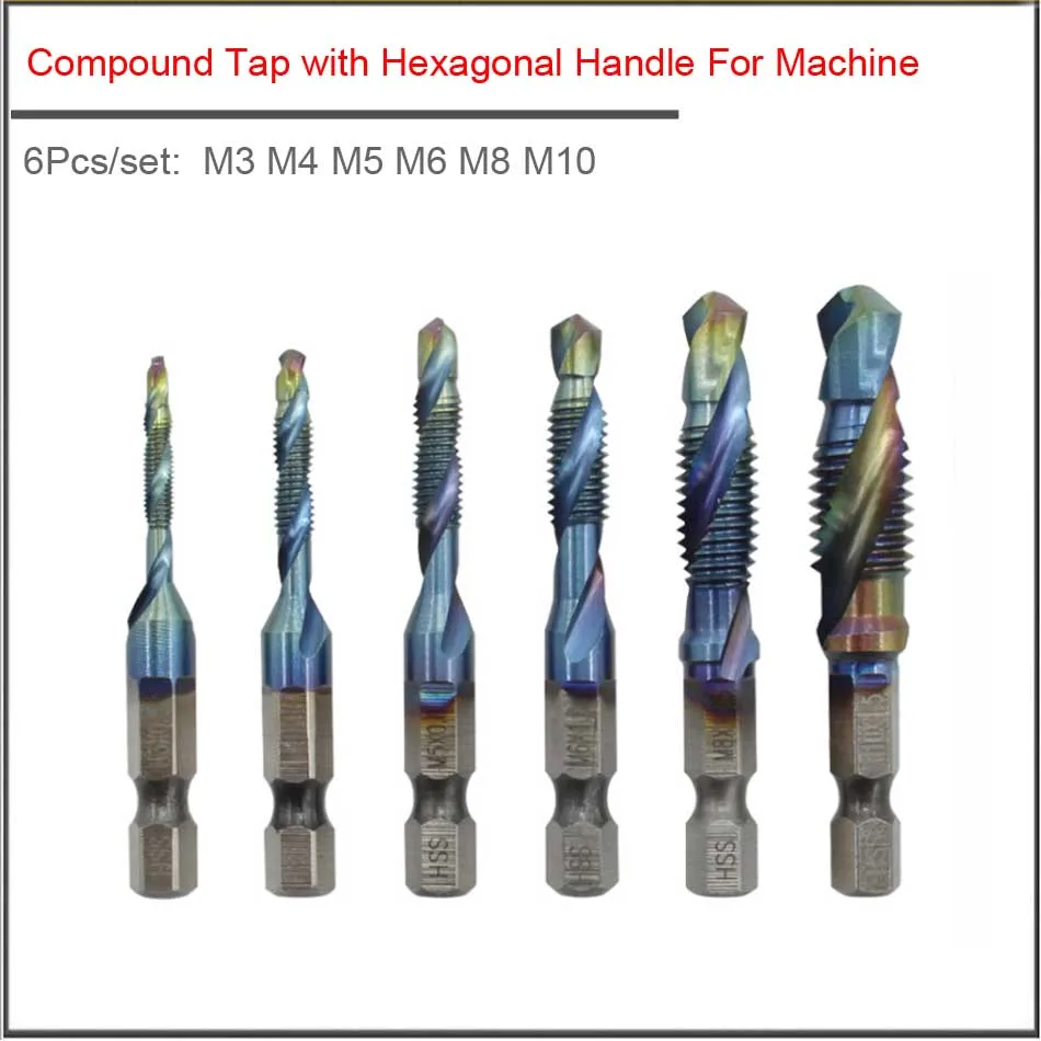 6pcs/set M3 M4 M5 M6 M8 M10 HSSScrew tap Three in one compound tap with hexagon shank for drilling and tapping chamfering
6pcs/set M3 M4 M5 M6 M8 M10 HSSScrew tap Three in one compound tap with hexagon shank for drilling and tapping chamfering
