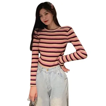 Autumn Winter Women Sweater Han Round Neck Striped Beautiful Wild Sweater Slim Long-sleeved Knit Sweater Strip Long Sleeve:
Autumn Winter Women Sweater Han Round Neck Striped Beautiful Wild Sweater Slim Long-sleeved Knit Sweater Strip Long Sleeve: