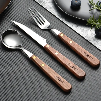 Wooden Cutlery Set Stainless Steel Reusable Tableware Dinner Sets Dishes Spoons And Forks Conjunto De Talheres Decor BD50CJ
