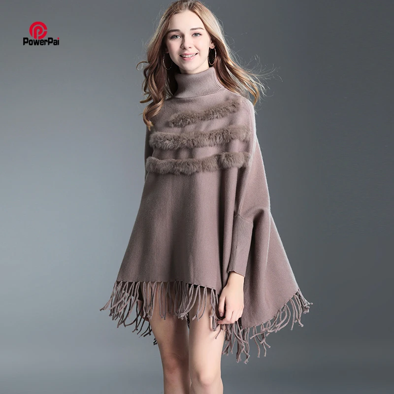 

Tassels Core Spun Yarn Stripes Rabbit Fur Pullover Sweater Women Batsleeve Turtleneck Poncho Cape Autumn Winter Fashion Cloak